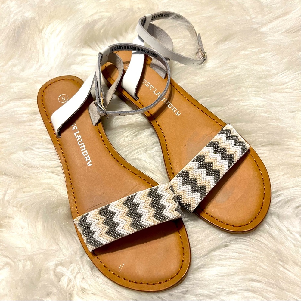 Chinese Laundry Beaded Sandals with ankle strap size 9 White Beige Chevron